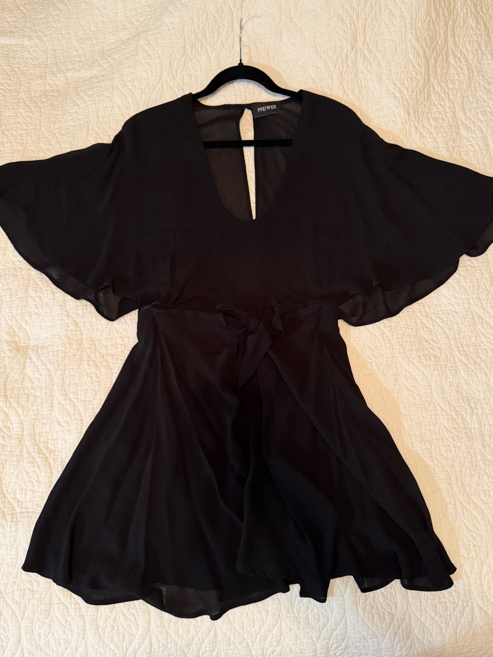 Pfeiffer the Label Chiffon Kimono Wrap Mini Dress Black L Open Back Boho Resort